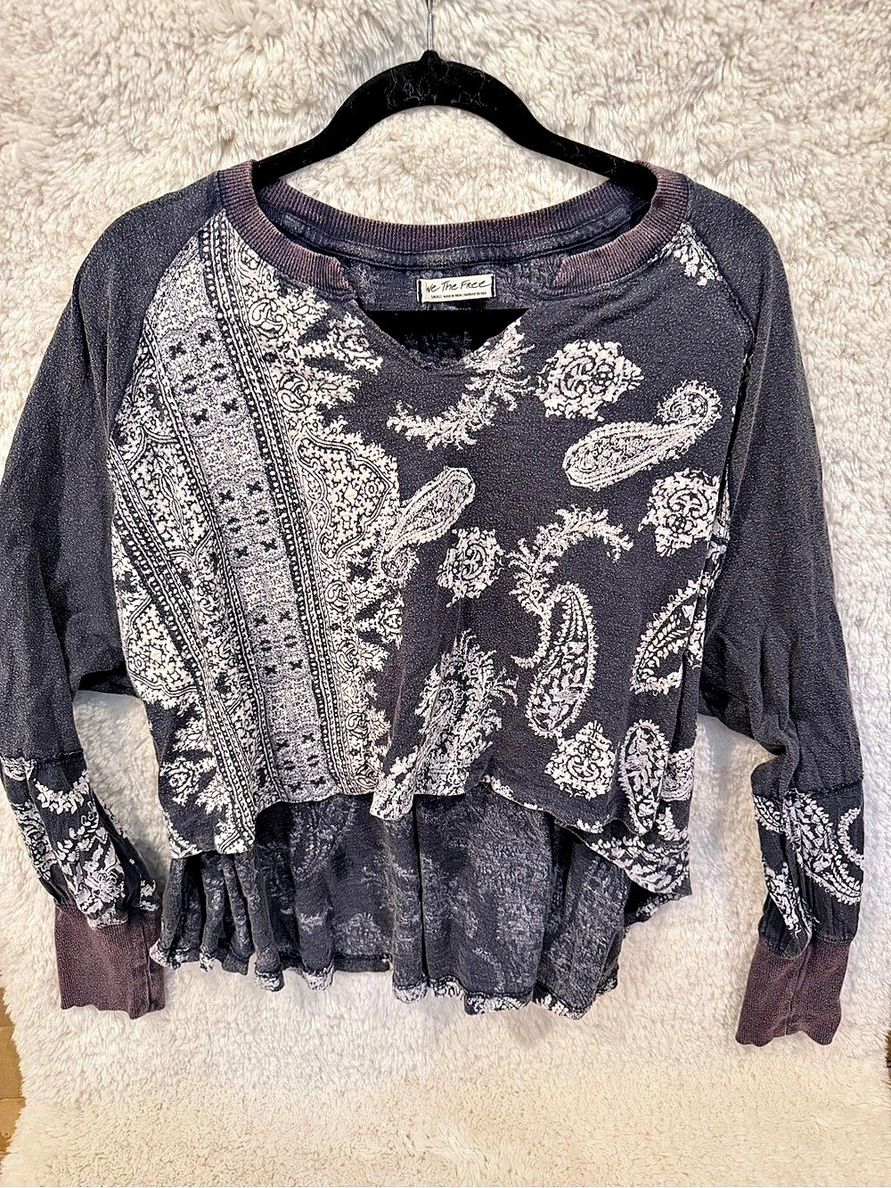 We The Free Paisley Fringe Long Sleeve Top in Gray & White